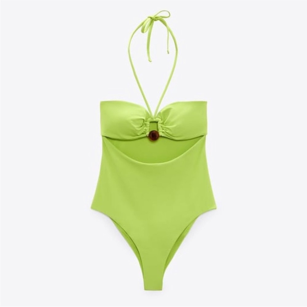 Zara Lime Green One Piece Swimsuit xs with bead